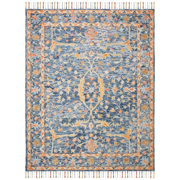 Aspen 10 ft. x 14 ft. Blue/Rust Border Floral Area Rug