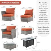 Eufaula Gray 10-Piece Wicker Modern Outdoor Patio Conversation Sofa Set with a Steel Fire Pit and Orange Red Cushions