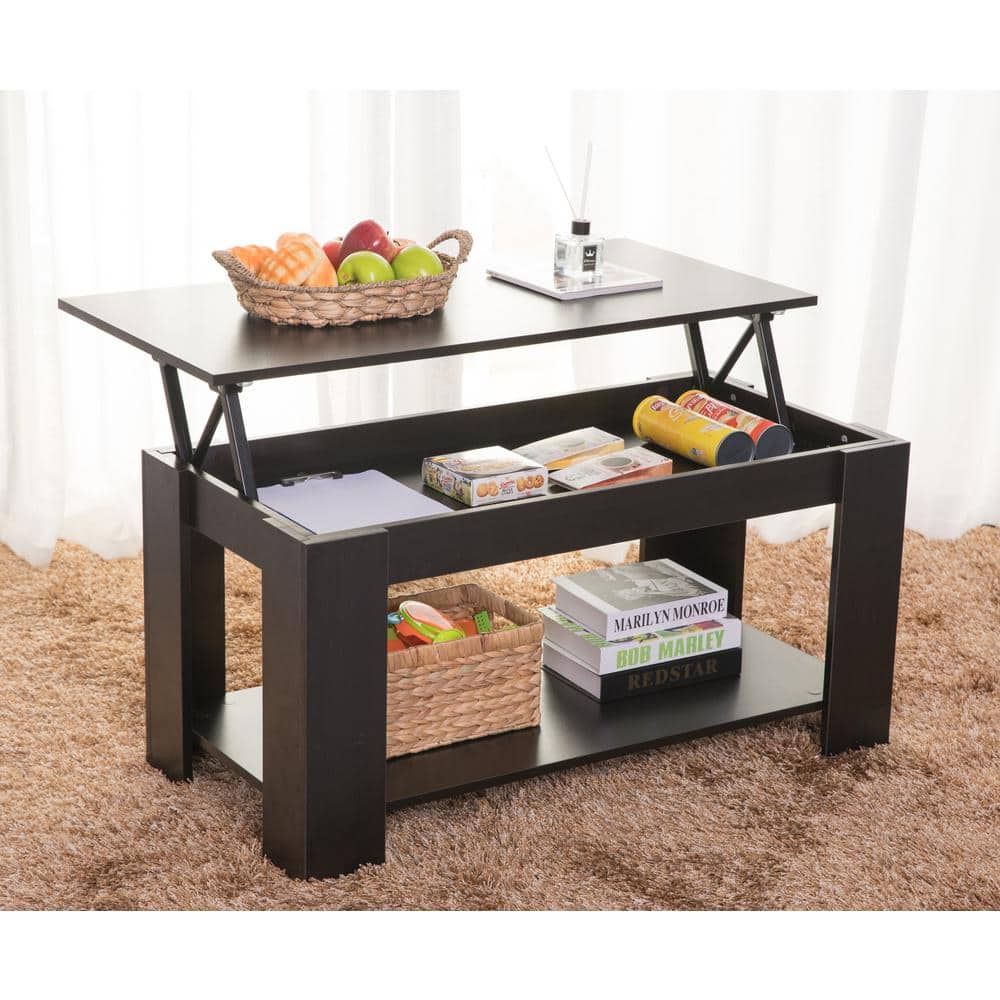 Sleek Black Wood Rectangular Coffee Table with Lift-Top Storage