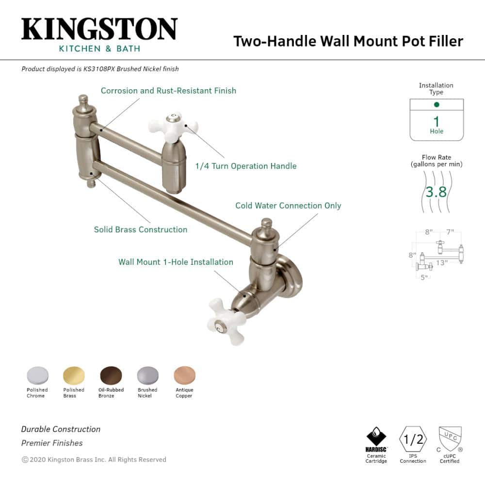 Polished Brass Dual Handle Wall Mount Pot Filler Faucet