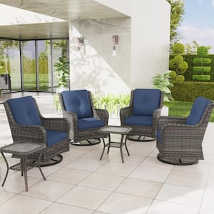6-Piece Wicker Patio Conversation Set with All-Weather Swivel Rocking Chairs Blue Cushions