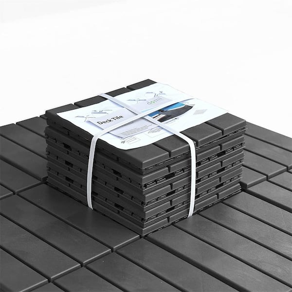 Tunearary 12 in. x 12 in. Outdoor Plastic Floor Tile, Waterproof Patio Snap-On Deck Tile, 4 Slat Square, Dark Gray Pack of 9