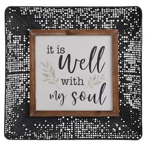 It Is Well Vintage Design Tray Metal Wall Hanging with Natural Wood Inlay Frame and Printed Sentiment Decorative Sign