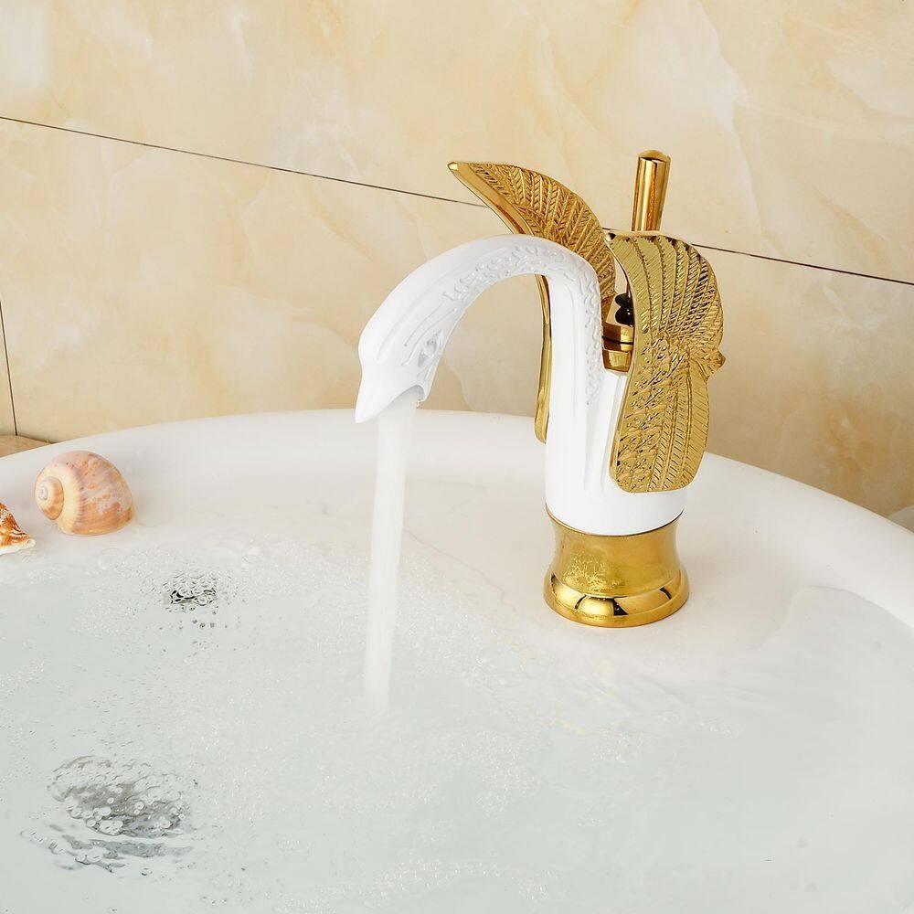 White and Gold Swan Single Hole Single-Handle Bathroom Faucet