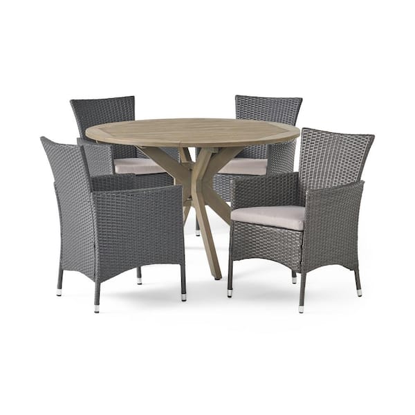 Noble House Cedros Gray 5-Piece Wood and Faux Rattan Outdoor Patio Dining Set with Silver Cushions