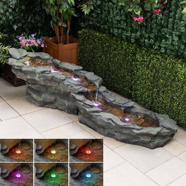 Alpine Corporation - 19 in. Tall Outdoor Tiering Rocky River Stream Water Fountain with LED Lights