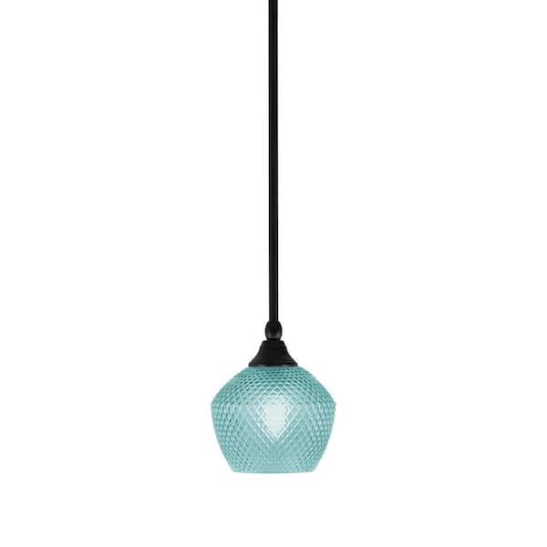 Unbranded Sparta 100-Watt 1-Light Matte Black Shaded Pendant Light Mini Pendant with Turquoise Textured Glass, No Bulb included