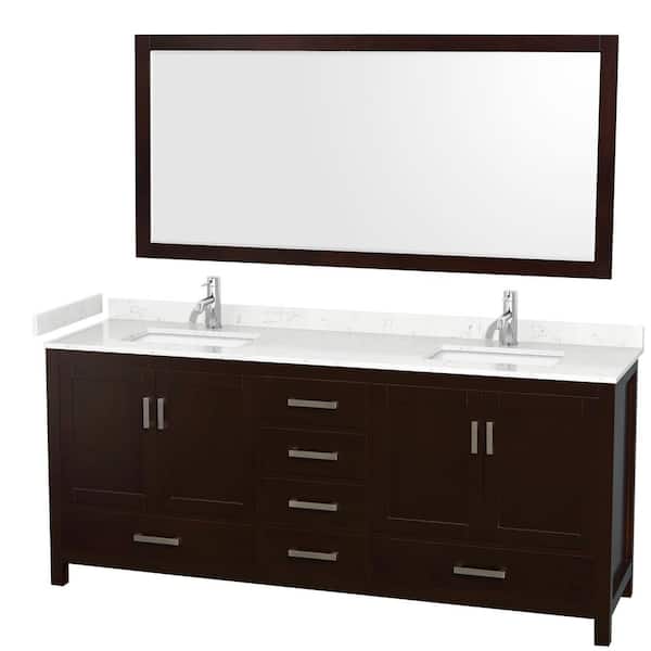 Wyndham Collection Sheffield 80 in. W x 22 in. D x 35 in. H Double Bath Vanity in Espresso with Carrara Cultured Marble Top and 70" Mirror