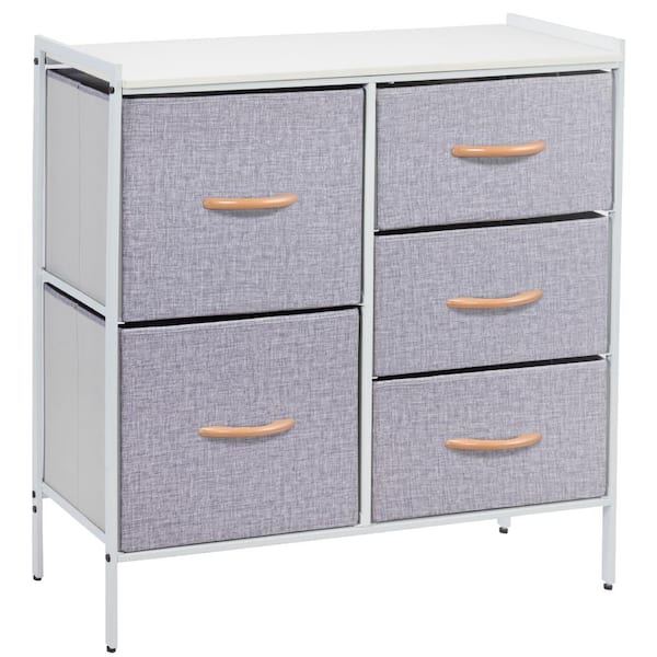 5 Drawer Light Grey Tall Fabric Dresser, Grey Tall Dresser
