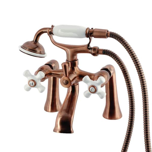 Kingston 3-Handle Deck-Mount Clawfoot Tub Faucet with Hand Shower in Antique Copper