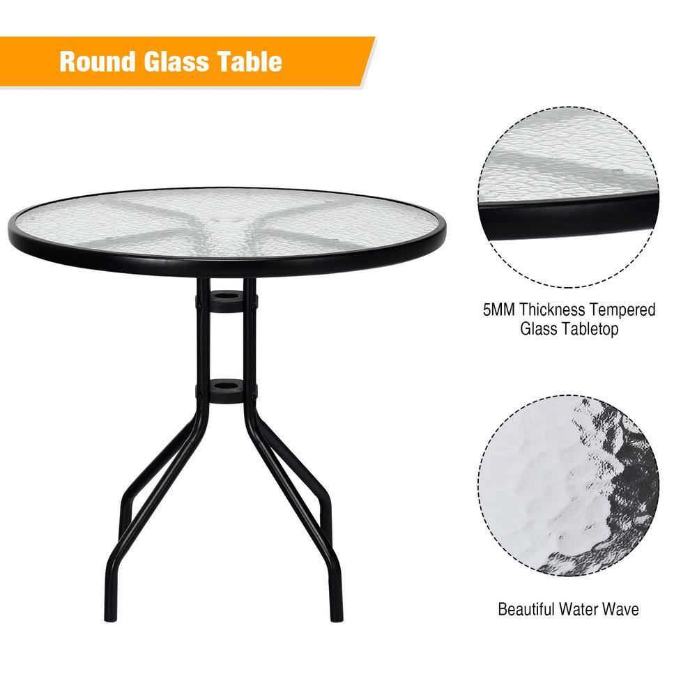 32'' Black Outdoor Patio Table with Tempered Glass Top