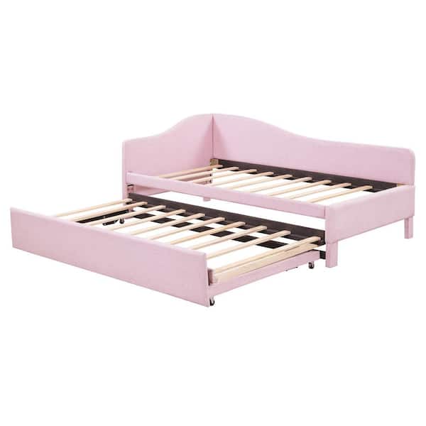 Pink Twin Daybed with L-Shaped Upholstered and Pop Up Trundle