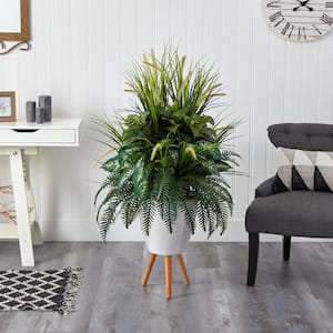 4.5 ft. Mixed Greens Artificial Plant in White Planter with Legs