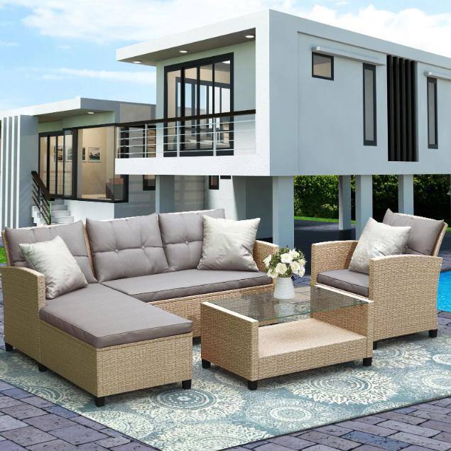 4-Piece Beige Brown Wicker Patio Set with Gray Cushions