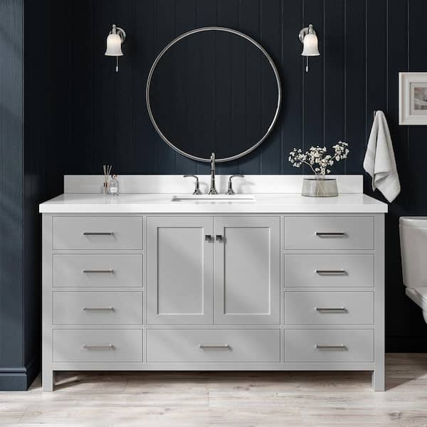 ARIEL Cambridge 67 in. W x 22 in. D x 36 in. H Bath Vanity in Grey with Pure White Quartz Top with White Basin