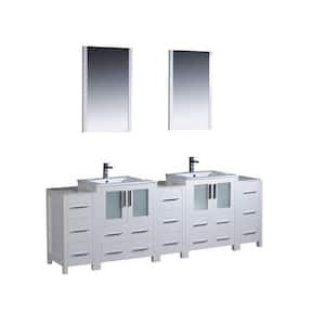 Torino 84 in. Double Vanity in White with Ceramic Vanity Top in White with White Basin with Mirrors and Side Cabinets