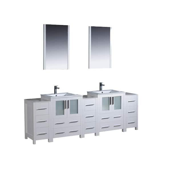Fresca Torino 84 in. Double Vanity in White with Ceramic Vanity Top in White with White Basin with Mirrors and Side Cabinets