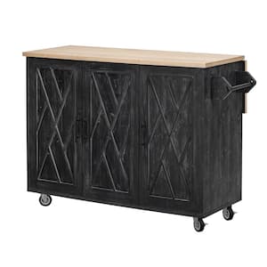 Black Wood 51 in. Farmhouse Kitchen Island with Drop Leaf, 3-Door Cabinet, Adjustable Shelves and Towel Rack