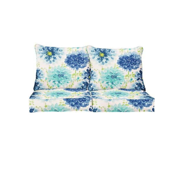 SORRA HOME 27 in. x 23 in. x 5 in. Deep Seating Indoor/Outdoor Loveseat Pillow and Cushion Set in Gardenia Seaglass