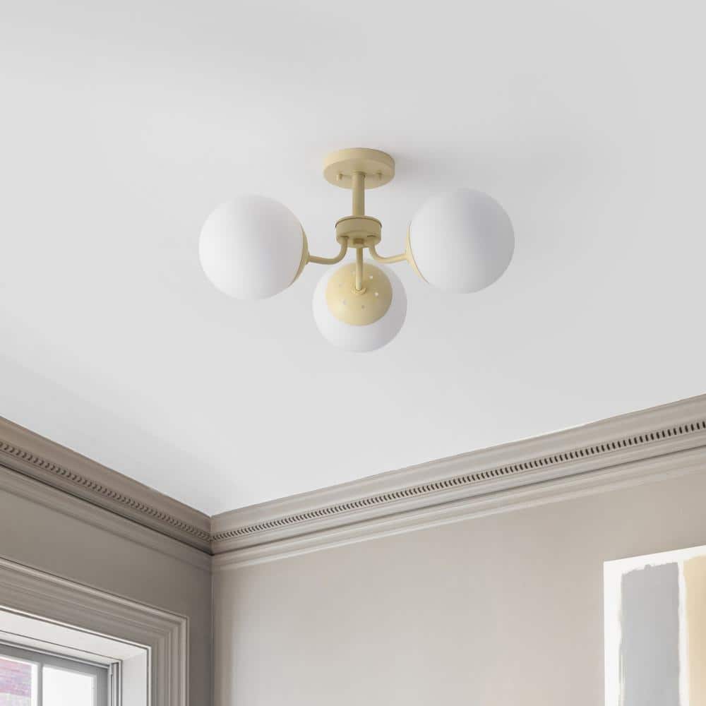 Beige Glass Globe LED Semi Flush Mount Light, 23.5"