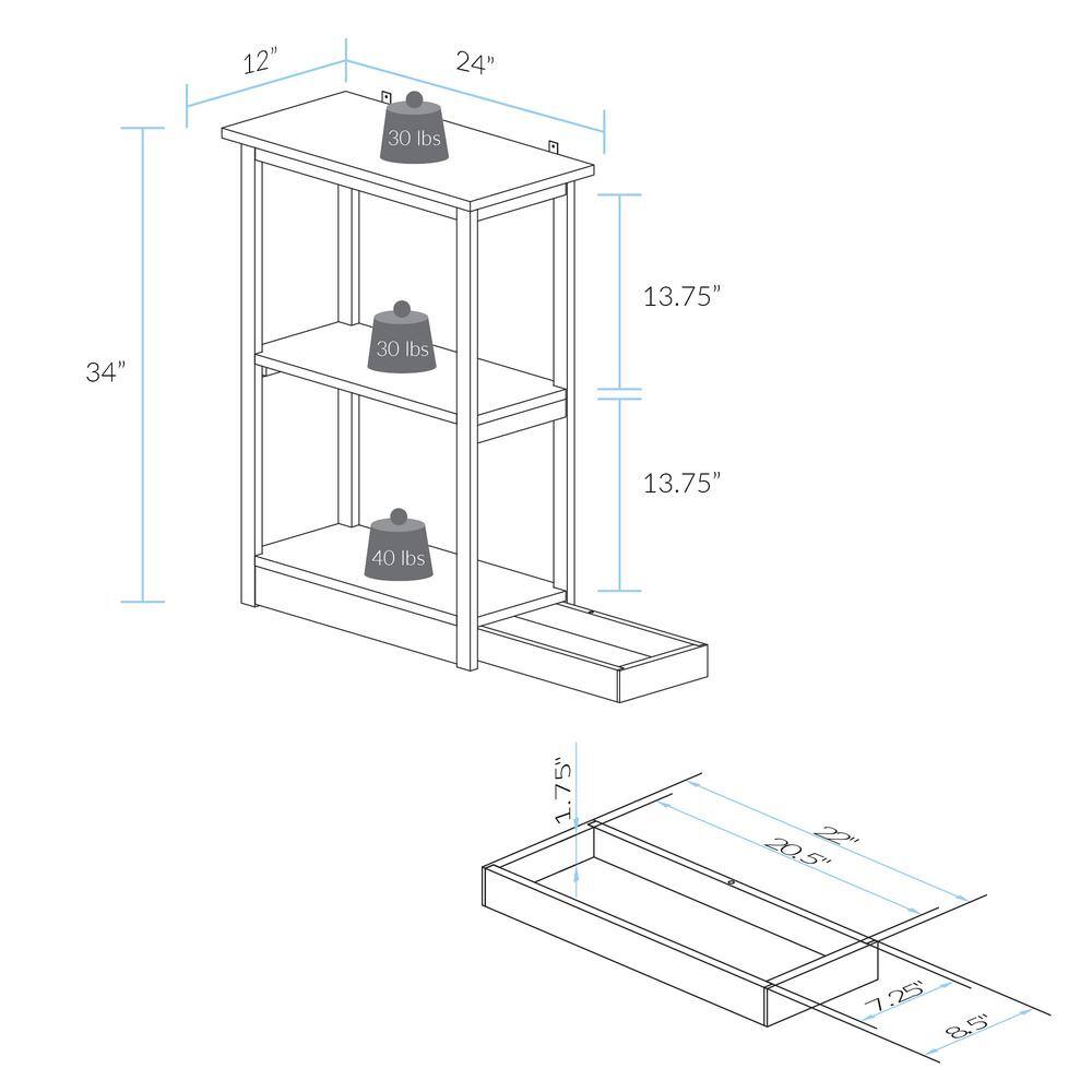 Adams White Solid Pine 3-Shelf Bookcase with Concealed Drawer