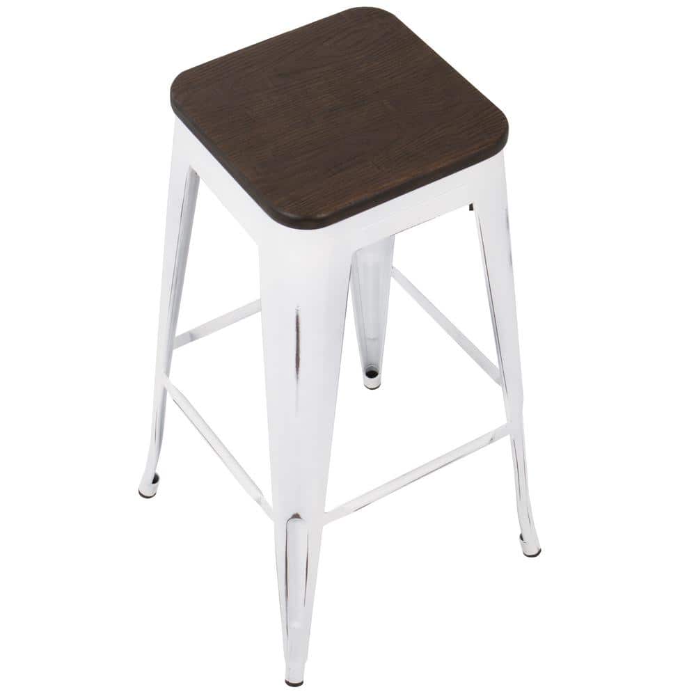 Vintage White & Espresso Industrial 30" Backless Stool with Footrest
