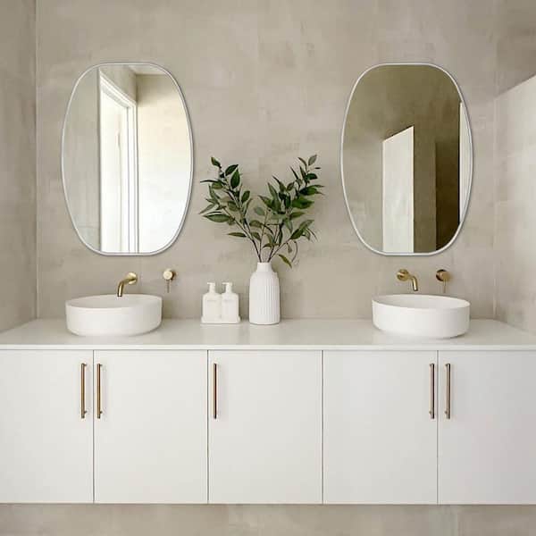 Sxiawe 20 in. W x 30 in. H Silver Oval Wall Mounted Aluminum Alloy Bathroom Mirror Decorative Mirror(Set of 2)