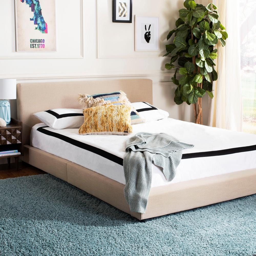 Beige Linen Upholstered Queen Bed with Tufted Headboard