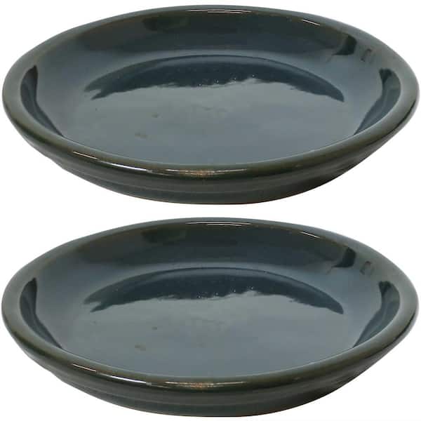 Sunnydaze 9.75 in. Forest Lake Green Ceramic Planter Saucer (Set of 2)