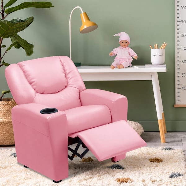 HOMESTOCK Pink Push Back Kids Recliner with Footrest & Cup Holder, PVC Recliner for Girls and Boys, Ideal for Ages 3+