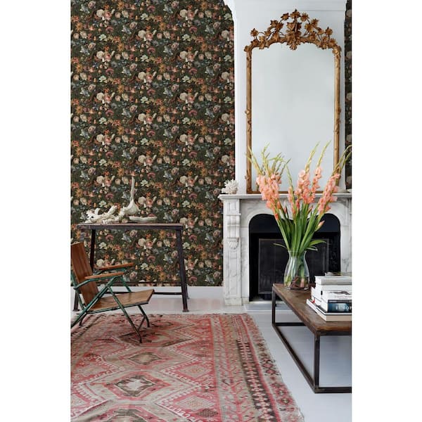 Zarinda Olive Flowers Wallpaper Sample