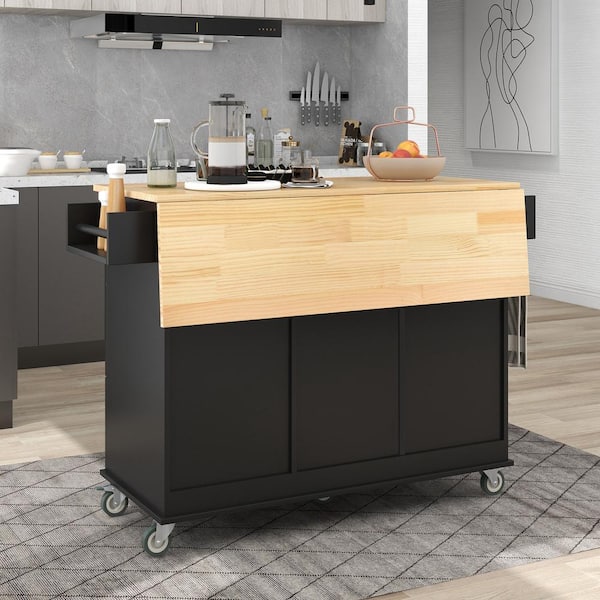 Cesicia Black Solid Wood Top 52.7 in. W Kitchen Island on 5-Wheels with 3 Storage Drawers and Drop Leaf Breakfast Bar