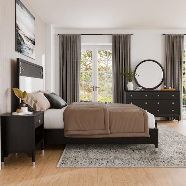 Forma 5-Piece Mid Century Black Wood King Storage Platform Bedroom Set with Reading Lights