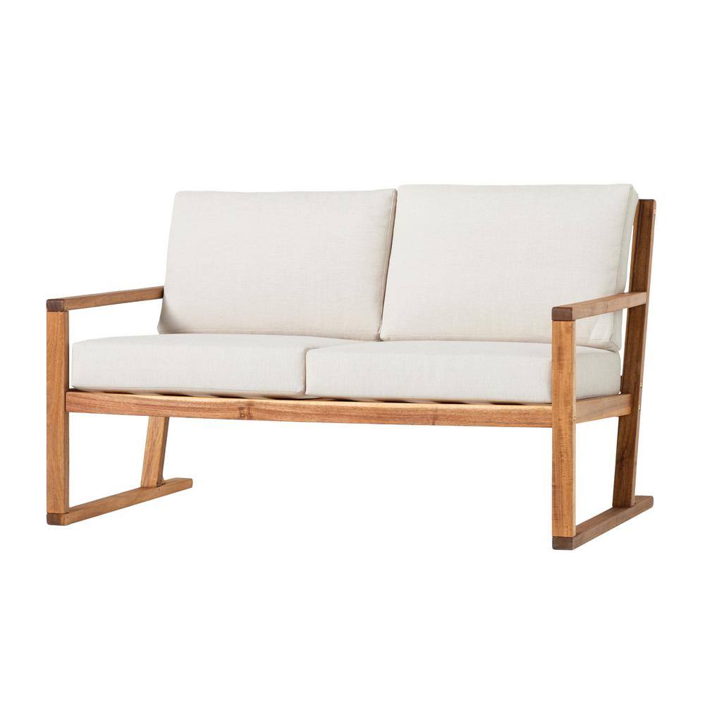 White Upholstered Solid Acacia Wood 2-Seater Loveseat