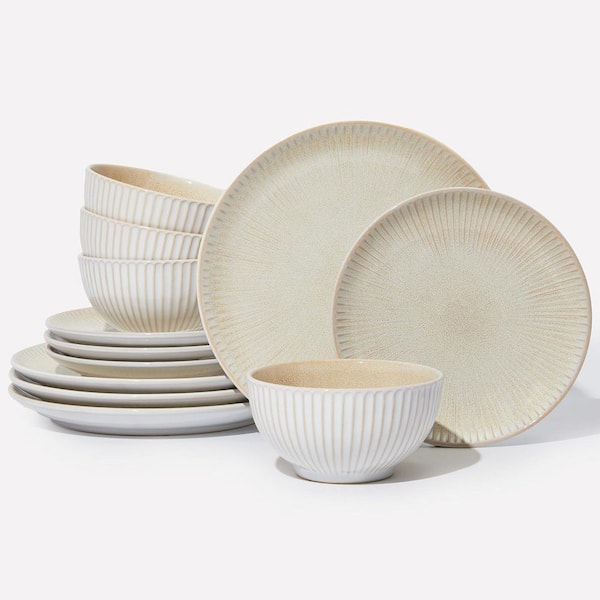 12-Piece Embossed-Brown Modern Stoneware Kitchen Dinnerware Sets with Plates and Bowls (Service for 4)