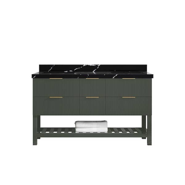Willow Collections Catalina 60 in. Double Sink Freestanding Pewter Green Bath Vanity with Calacatta Black Qt. Top Unassembled