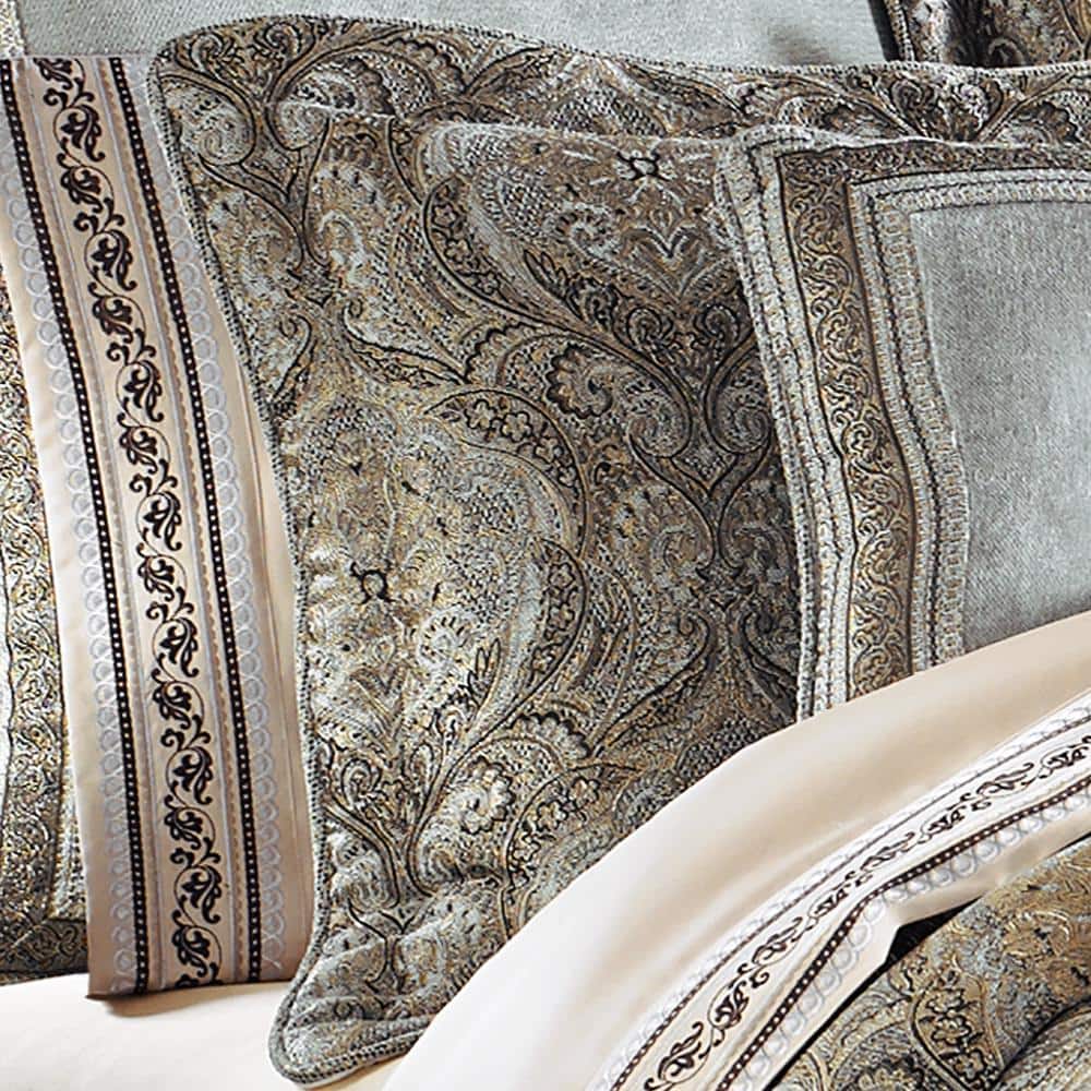 Queen Blue Microfiber Gathered Embellishment Bedding Set