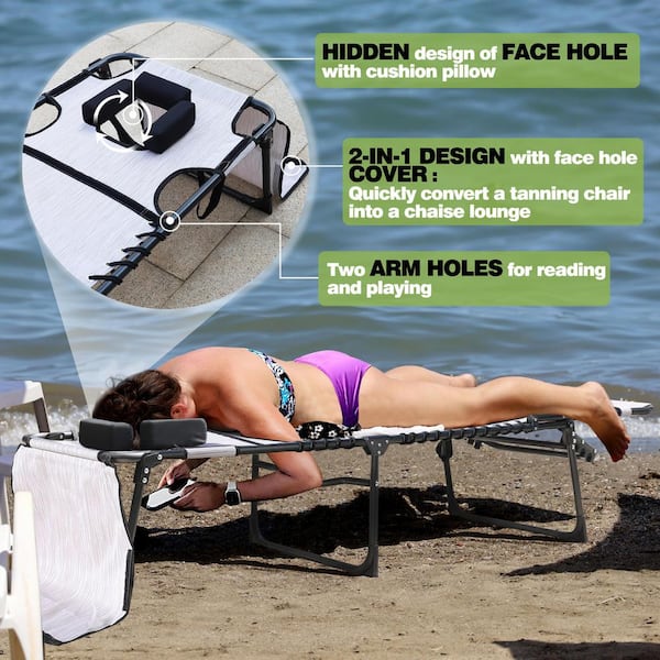 Chaise Lounge Chairs for Outside Tanning Chair with Face Hole, Pillow and Side Pocket, Beige
