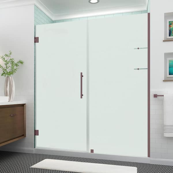 Aston Belmore GS 67.25 in. to 68.25 in. x 72 in. Frameless Hinged Shower Door Frosted Glass and Glass Shelves in Bronze