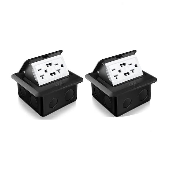 20 Amp Black Pop-Up Floor Outlet with 4.8 Amp USB, 2-Outlet Waterproof Tamper Resistant Receptacle (2-Pack)