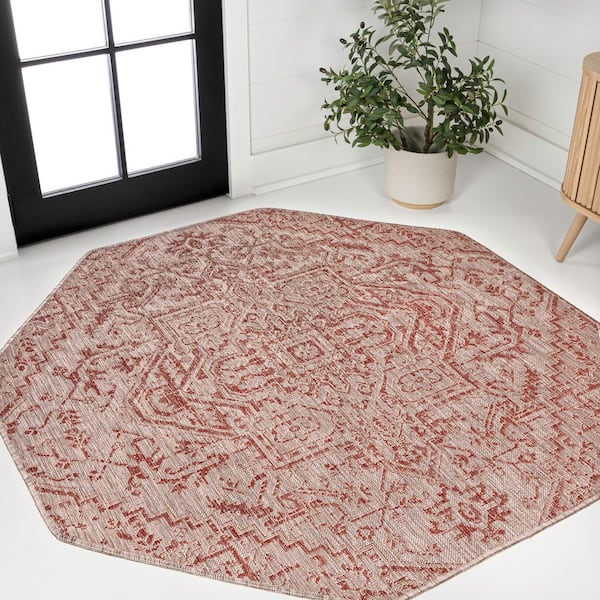 Estrella Bohemian Medallion Textured Weave Red/Taupe 8 ft. Octagon Indoor/Outdoor Area Rug