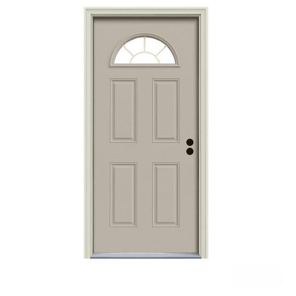 JELD-WEN 32 in. x 80 in. Fan Lite Desert Sand Painted Steel Prehung Left-Hand Inswing Front Door w/Brickmould