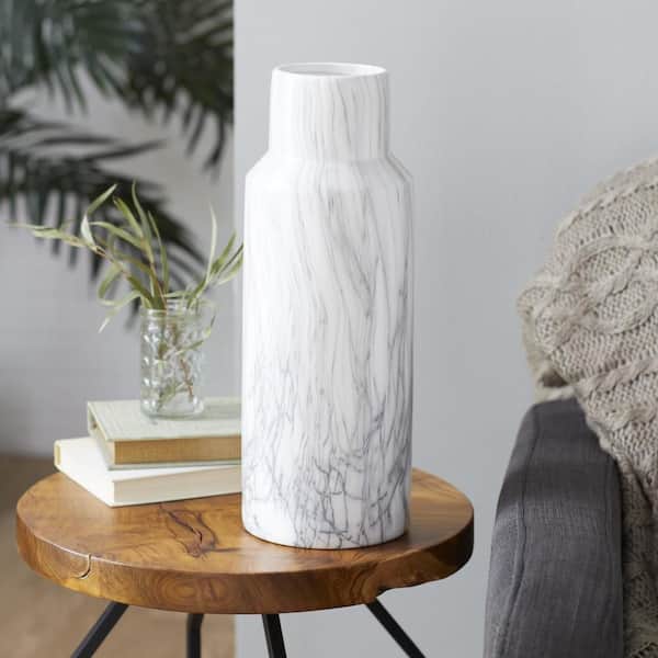 15 in. White Faux Marble Ceramic Decorative Vase