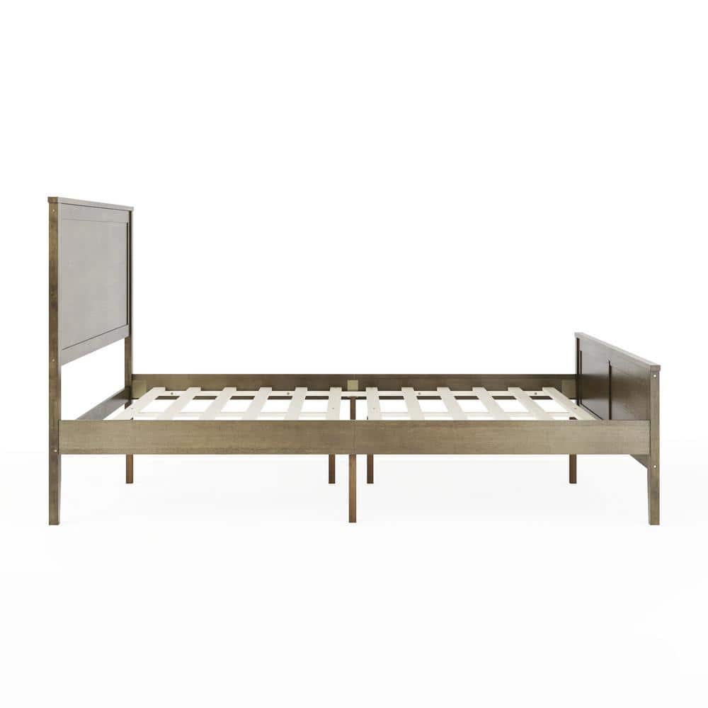 Brown Gray Queen Solid Wood Platform Bed with Headboard and Slats