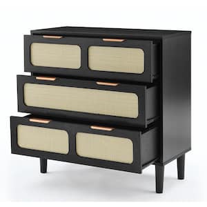 31.5 in. W x 13.75 in. D x 31.25 in. H Black Linen Cabinet Dresser with 3 PVC Rattan Drawers