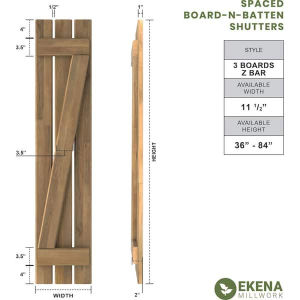 Ekena Millwork 11-1/2 in. W x 61 in. H Americraft 3-Board Exterior Real  Wood Spaced Board and Batten Shutters with Z-Bar in Unfinished  ARW102SB311X61UNH - The Home Depot