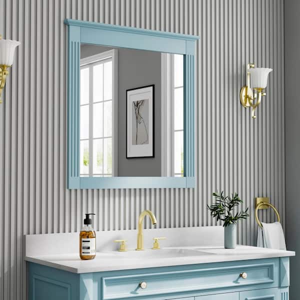 32 in. W x 33 in. H Rectangular Solid Wood Framed Wall Mounted Moisture-proof Bathroom Vanity Mirror in Blue,Easy Hang