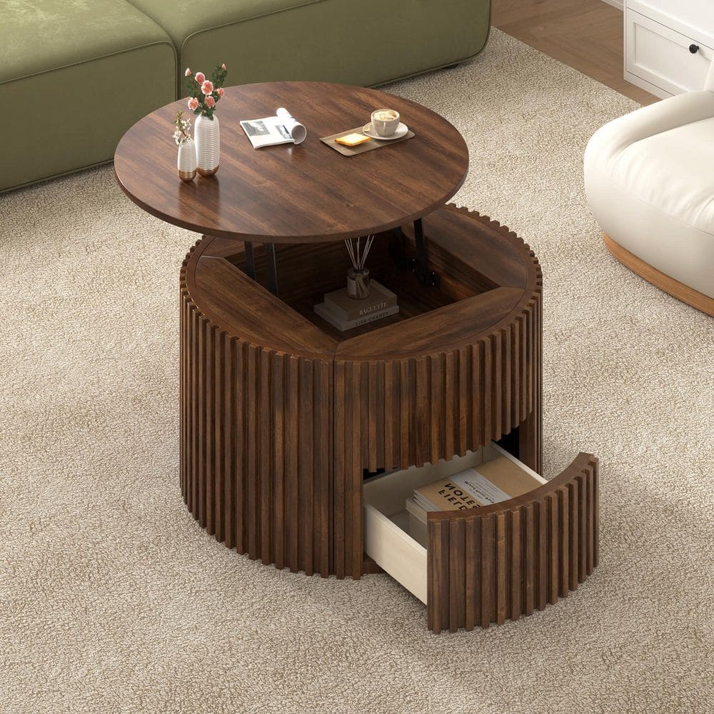 29.8 in. Brown Round Wood Lift Top Coffee Table with Hidden Storage Drawer and Fluted Wood Grain Design price history on PriceWatchPro