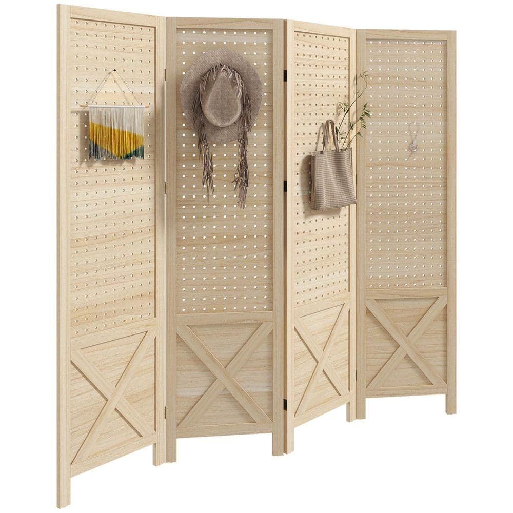 4 Panel Pegboard Display Room Divider, 4.7 ft. Tall Wood Indoor Portable Folding Privacy Screen, Partition Wall Divider
