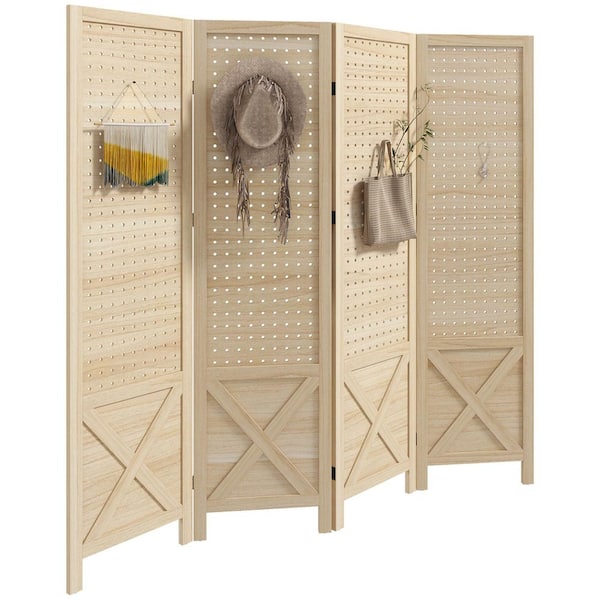 4 Panel Pegboard Display Room Divider, 4.7 ft. Tall Wood Indoor Portable Folding Privacy Screen, Partition Wall Divider